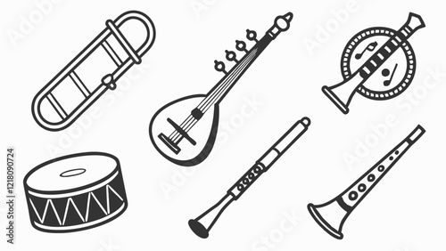 Flat Icons Silhouettes of Traditional Musical Instruments Featuring Sitars, Bagpipes, and Flutes