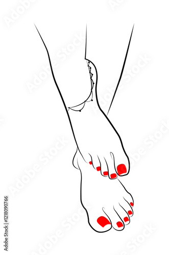 Beautiful Indian woman feet with red nails line drawing isolated on white background - vector illustration