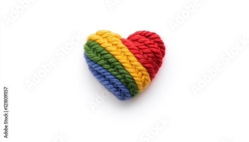 Colorful knitted heart symbolizing love and diversity, set against a clean white background