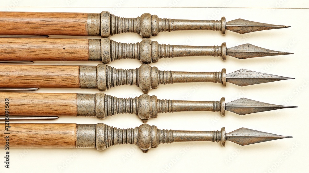 Fototapeta premium Five Antique Javelins: A Collection of Ornate Medieval-Style Throwing Spears