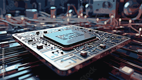 Silicon Chip A close-up of a silicon microchip blurred circuits and glowing cables in?the?background.eps