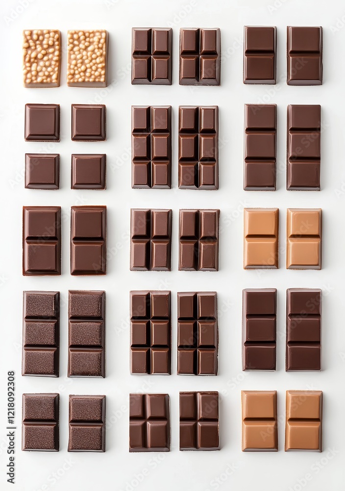 Assorted chocolate bars arranged in grid pattern on white background. Assorted chocolate bars arranged in grid pattern on white background.