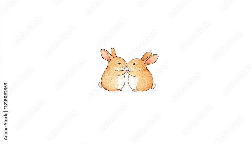 Two adorable, fluffy rabbits facing each other in a whimsical, light-hearted illustration, symbolizing friendship