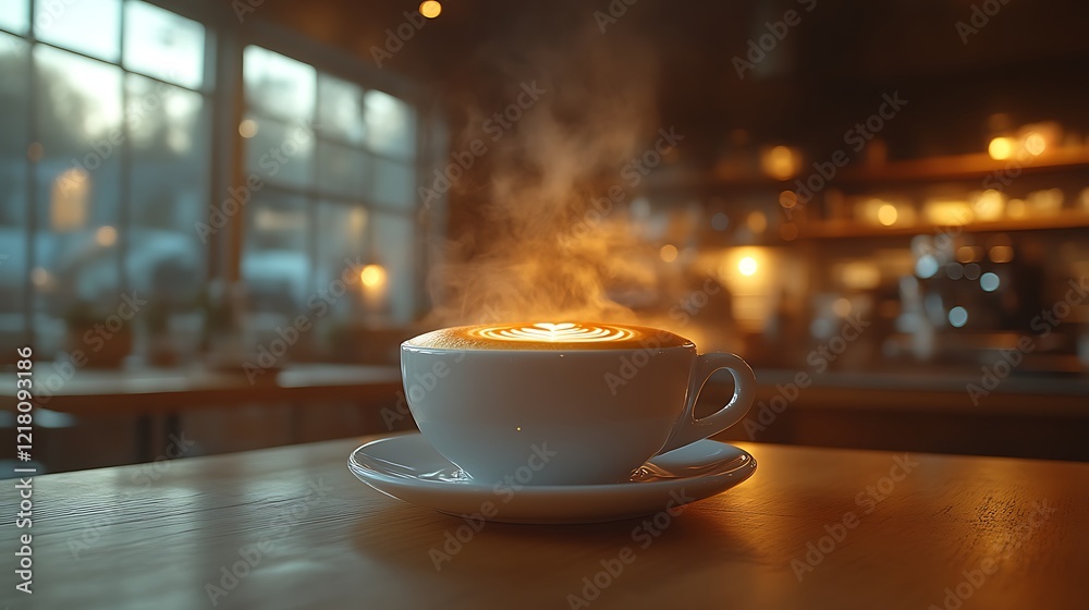Fototapeta premium Steaming cappuccino on wooden table in cafe.