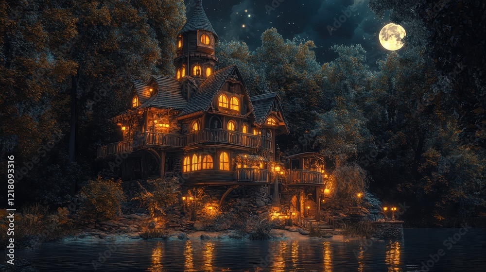 Obraz premium Charming cottage by the lake illuminated under a starry night sky with a full moon and surrounding forest