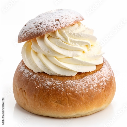 Traditional Swedish semla bun with whipped cream and powdered sugar, a Scandinavian treat for Fettisdagen, Sweden’s version of Shrove Tuesday or Mardi Gras.