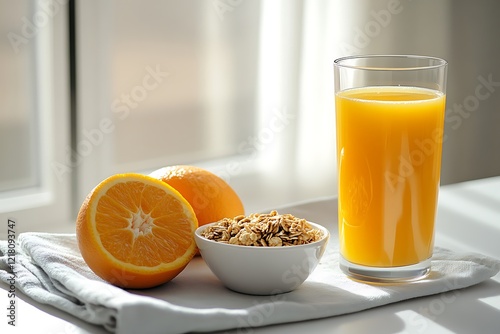 Healthy and Delicious Breakfast with Orange Juice and Granola photo