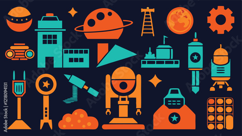 Flat Icons Silhouettes of Space Mining Tools Including Laser Cutters and Asteroid Drills
