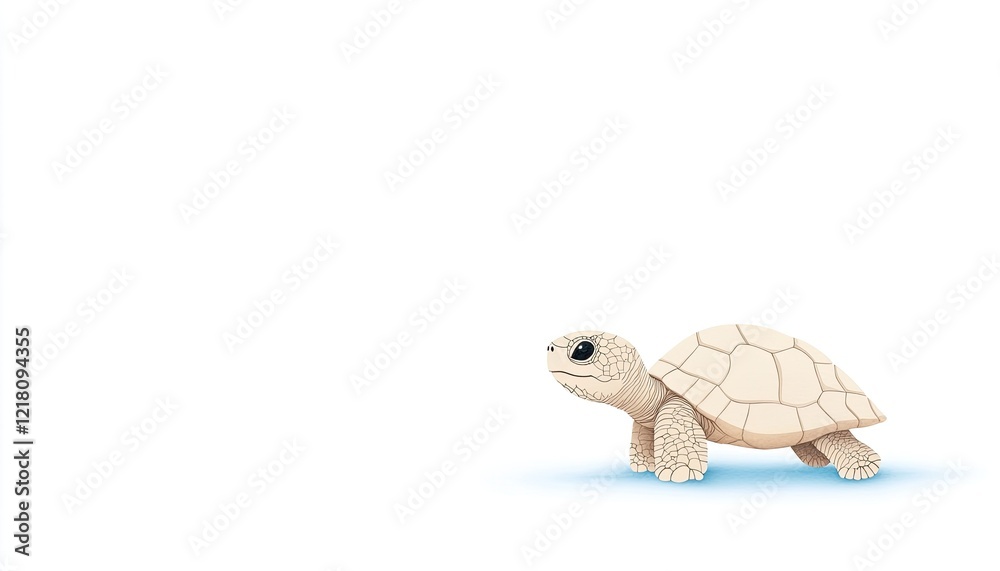 Obraz premium A small, light-colored turtle crawls across a smooth surface, with a soft blue shadow beneath it