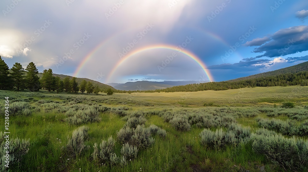 Naklejka premium Breathtaking rainbow over lush green landscape natural background nature photography vibrant environment panoramic view