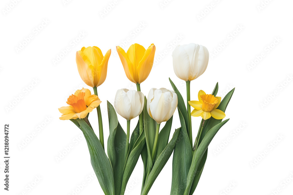 Colorful bouquet of red tulips and yellow daffodils with green leaves isolated on white or transparent, PNG Colorful bouquet of red tulips and yellow daffodils with green leaves isolated on white or transparent, PNG