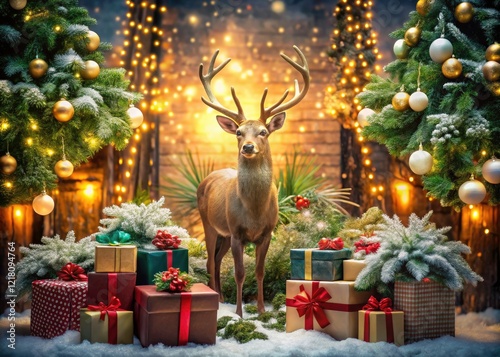 A charming Christmas scene: reindeer, presents, and festive deer in a snowy holiday display.