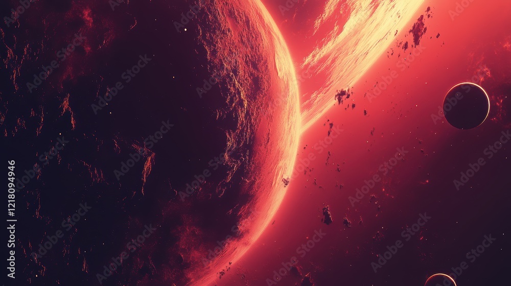 Obraz premium Vivid cosmic landscape featuring a red planet and distant celestial bodies in a dark space setting