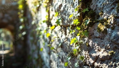 Hyper-realistic close-up shot of the ancient fortress walls, showing the weathered stone up close. The stone is covered in patches of ivy and moss, with cracks and age marks clearly visible. The textu photo