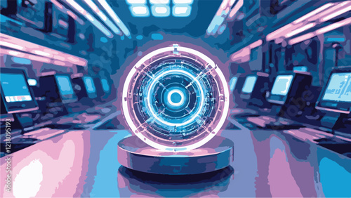 Quantum Computer Core A glowing quantum computer core with a blurred tech lab in soft lighting.eps
