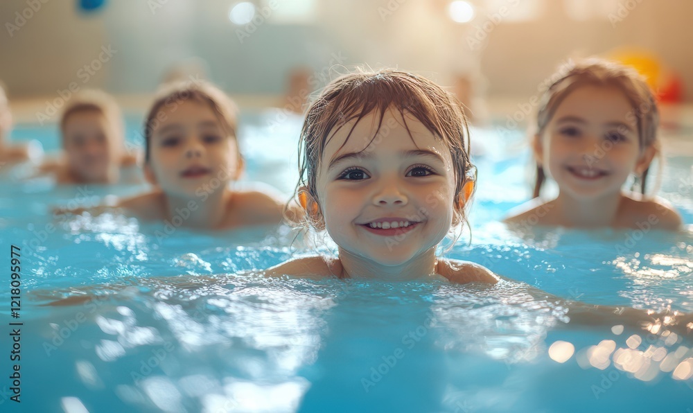 Group of happy kids learning swimming in indoor summer pool. Happy children kids group at swimming pool class learning to swim, happy summer vacation Group of happy kids learning swimming in indoor summer pool. Happy children kids group at swimming pool class learning to swim, happy summer vacation