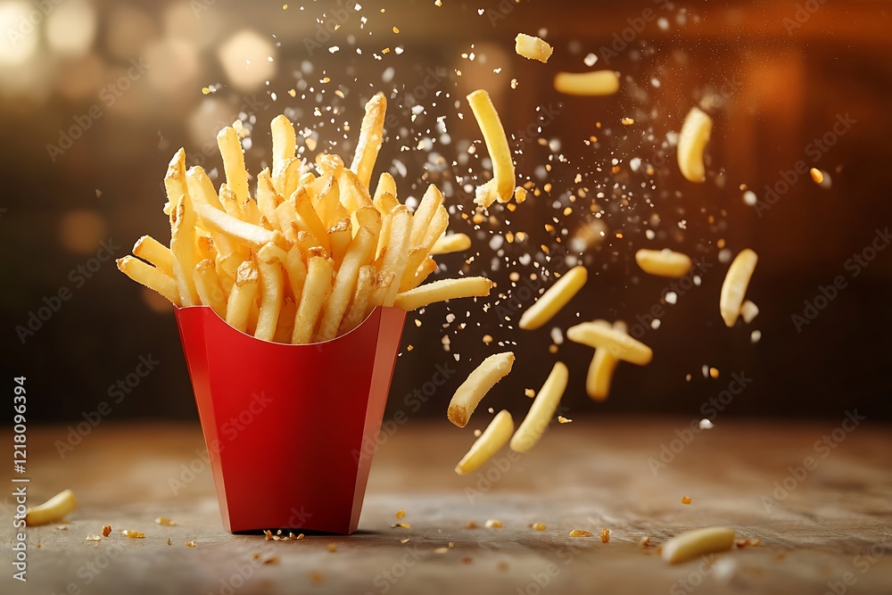 French fries in red paper box on wooden background. Fast food concept French fries in red paper box on wooden background. Fast food concept