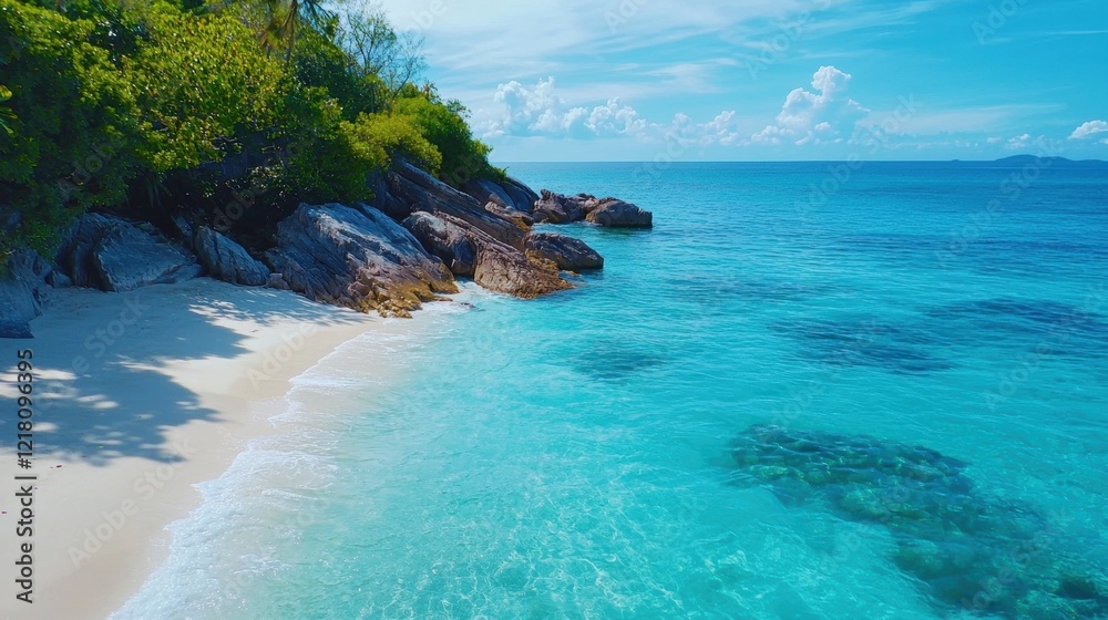 Fototapeta premium Serene tropical beach with crystal clear waters and rocks