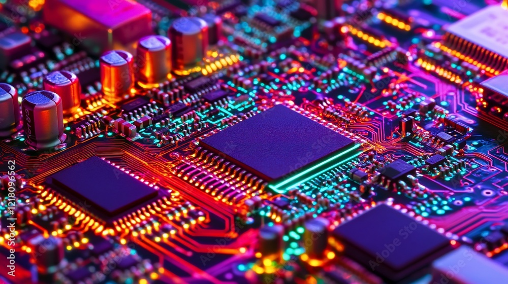 Obraz premium Detailed Close-up of a Colorful and Complex Computer Circuit Board with Electronic Components