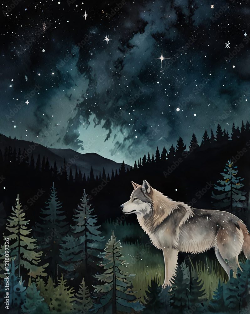 Naklejka premium The wolf in the forest at night is beautifully illustrated in this artwork.