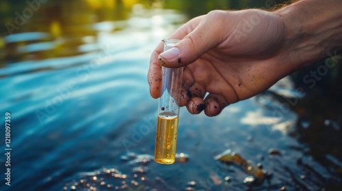 Microplastics. Male hands holding a test tube containing microplastic fragments and dirt on a lake. plastic pollution and industrial waste management. environment. Testing the water quality of rive