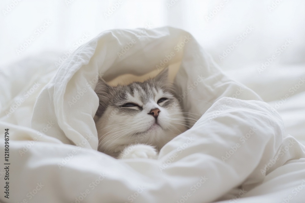 Cozy gray cat sleeps soundly under white blanket. Perfect for websites about pets, comfort, or relaxation. Cozy gray cat sleeps soundly under white blanket. Perfect for websites about pets, comfort, or relaxation.