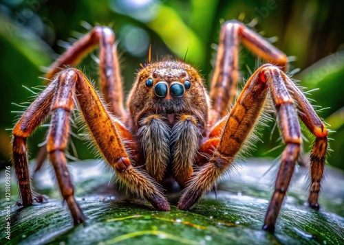 A closeup of a poisonous Brazilian spider, its arachnid detail stark against the vibrant jungle backdrop.