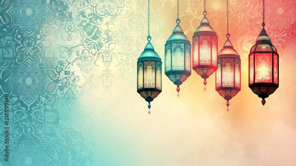 Islamic theme with hanging lanterns and ornamental patterns. pastel color Islamic theme with hanging lanterns and ornamental patterns. pastel color