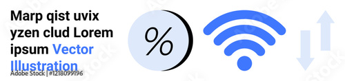wireless icon, black percentage symbol inside circle, gray data arrows pointing up and down. Ideal for tech, finance, networking, data analytics, internet services, communications, marketing. Landing
