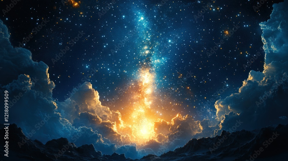 Fiery cosmic pillar erupting through clouds and stars. Fiery cosmic pillar erupting through clouds and stars.