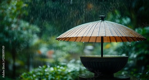 Wallpaper Mural Rain falling on a small, wooden umbrella over a bowl. Torontodigital.ca