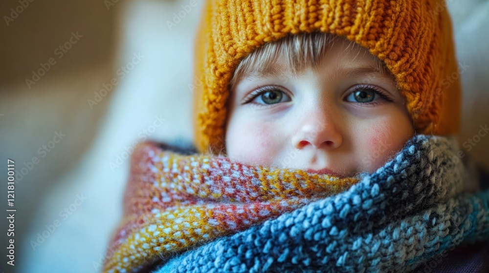 A little boy with goosebumps, bundled up with a scarf and hat indoors. A little boy with goosebumps, bundled up with a scarf and hat indoors.