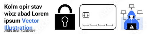 Padlock symbolizing security, credit card indicating financial transactions, hacker in hoodie with computer screens representing threats. Ideal for cybersecurity, online safety, identity protection
