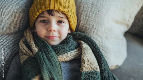 A little boy with goosebumps, bundled up with a scarf and hat indoors. photo