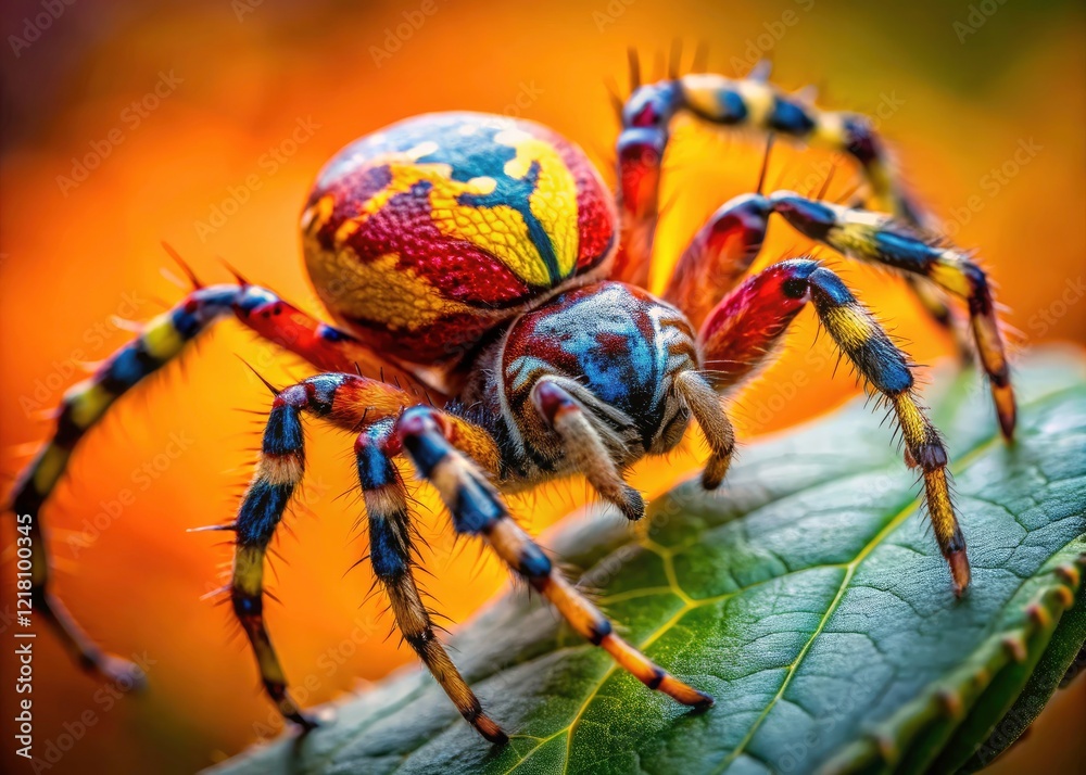 Fototapeta premium A colorful Araneidae family spider, found in Canada and Mexico, captured in stunning macro photography; showcasing wildlife and insect photography at its finest.
