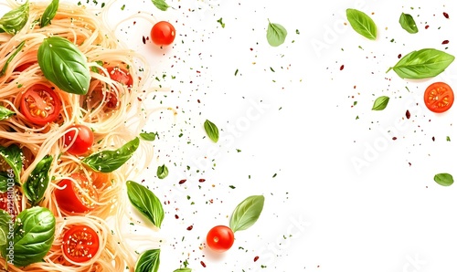 Pasta, tomatoes, basil, white background, recipe, food