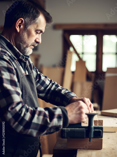 The carpenters man high experienced wood worker making furniture. master of woodcraft male looking at workpiece closeup with fine detail. photo