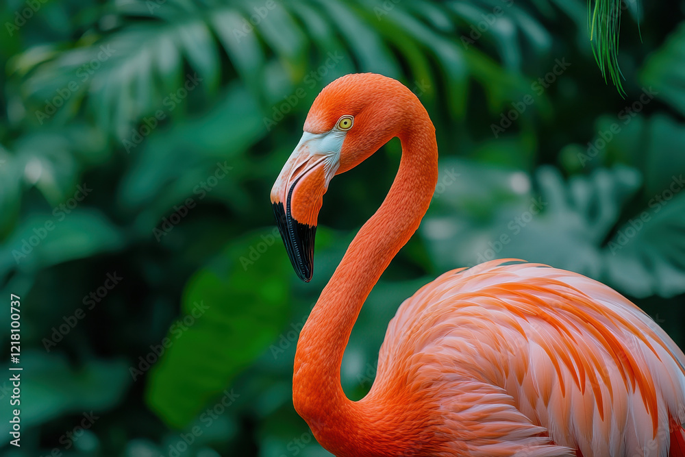 Fototapeta premium vibrant flamingo stands gracefully against lush green foliage, showcasing its striking orange feathers and elegant neck