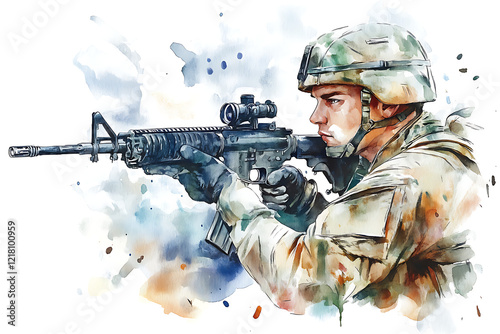 A soldier aiming with a rifle, depicted in a watercolor style. photo