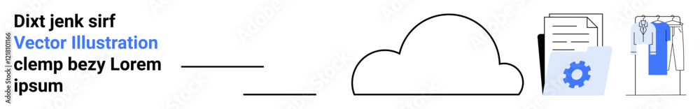 Cloud icon with gears, documents, and clothes on hanger implying data storage, customization, and management. Ideal for cloud service providers, data solutions, business workflows, technology Cloud icon with gears, documents, and clothes on hanger implying data storage, customization, and management. Ideal for cloud service providers, data solutions, business workflows, technology
