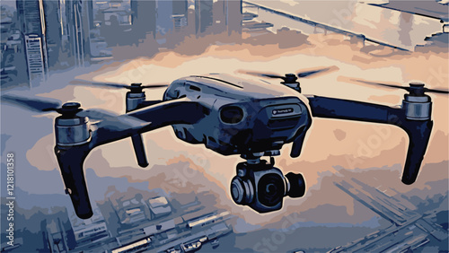 Drone in Flight A drone hovering mid-air with a blurred urban skyline in?the?background.eps