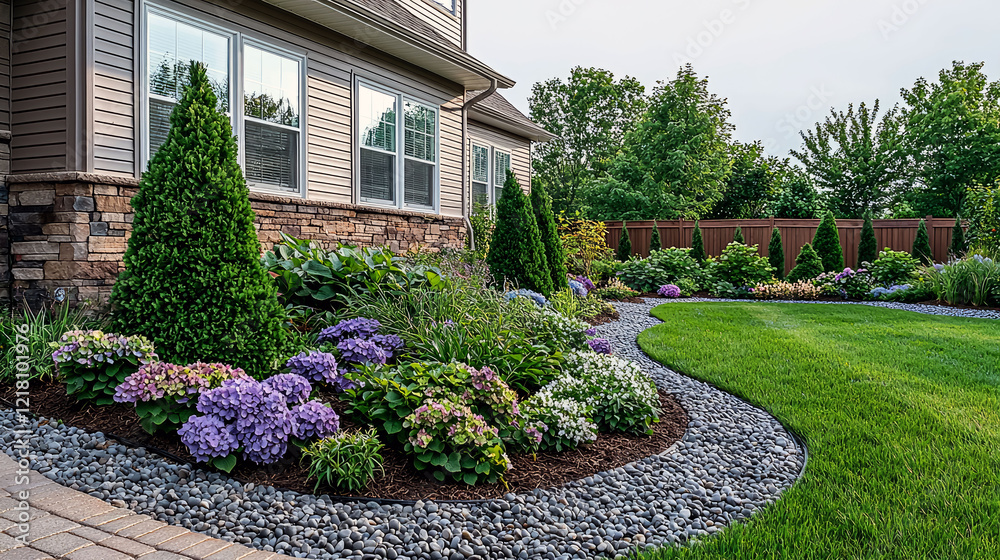 Obraz premium Captivating Landscape Design: A Serene Backyard Oasis with Lush Greenery and Vibrant Blooms