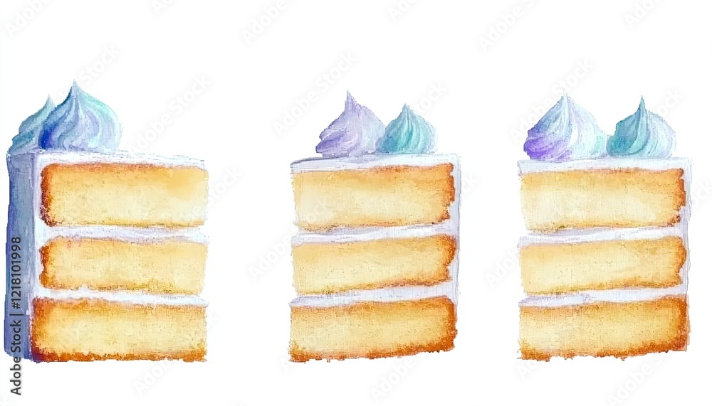Fototapeta premium Three layers of delicious cake with pastel-colored frosting, set against a simple white background