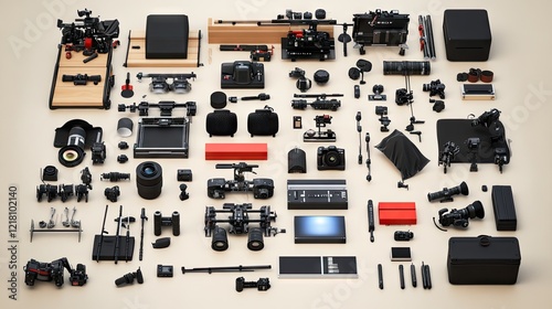Filmmaking equipment flatlay; studio setup;  gear collection; beige background; production