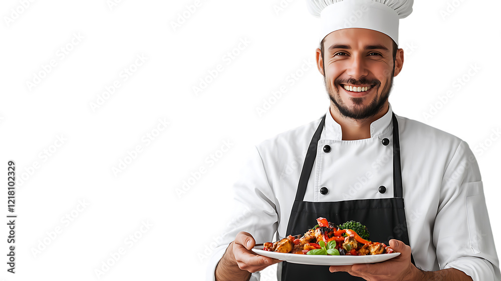 Smiling Chef Presenting Delicious Grilled Chicken and Vegetable Dish isolated on transparent background Smiling Chef Presenting Delicious Grilled Chicken and Vegetable Dish isolated on transparent background