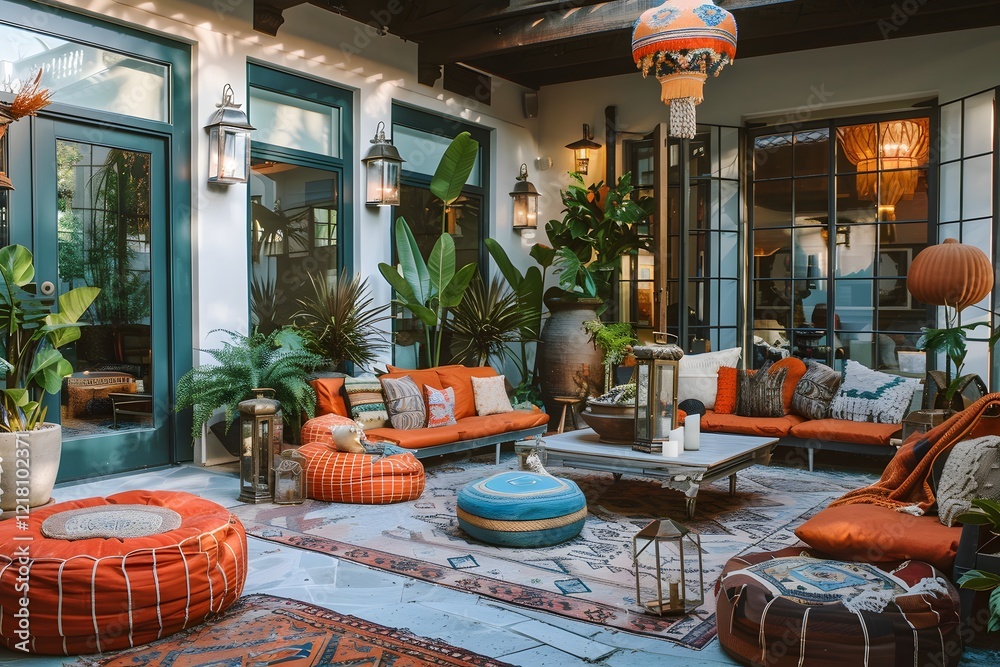 Fototapeta premium Illustration of An outdoor patio styled with trendy cluttercore, filled with mismatched yet chic furniture, lanterns, potted plants, and vibrant textiles. Ai Generate. 