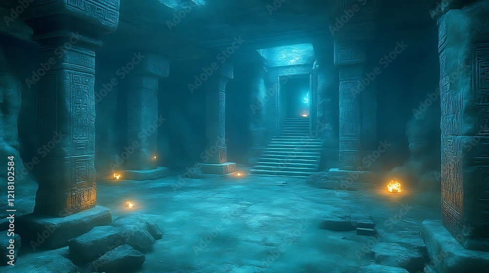 Obraz premium Underwater ancient temple ruins with glowing lights.