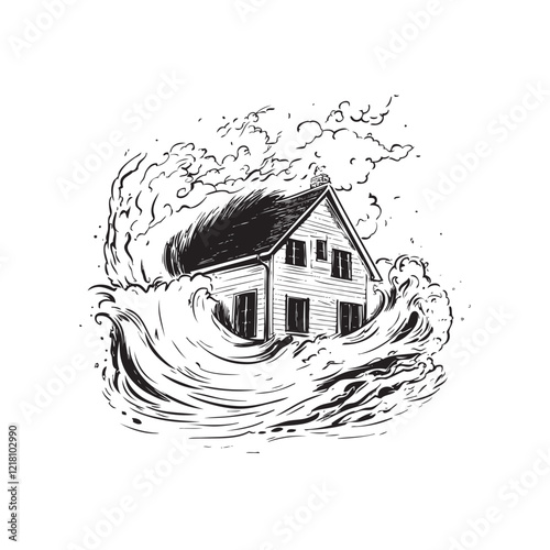 Black and White Image of a House Struck by Hurricane: The Destruction of a Storm's Fury