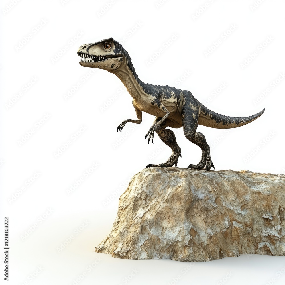 Fototapeta premium Curious dinosaur on rock, prehistoric landscape, paleontology illustration, educational resource