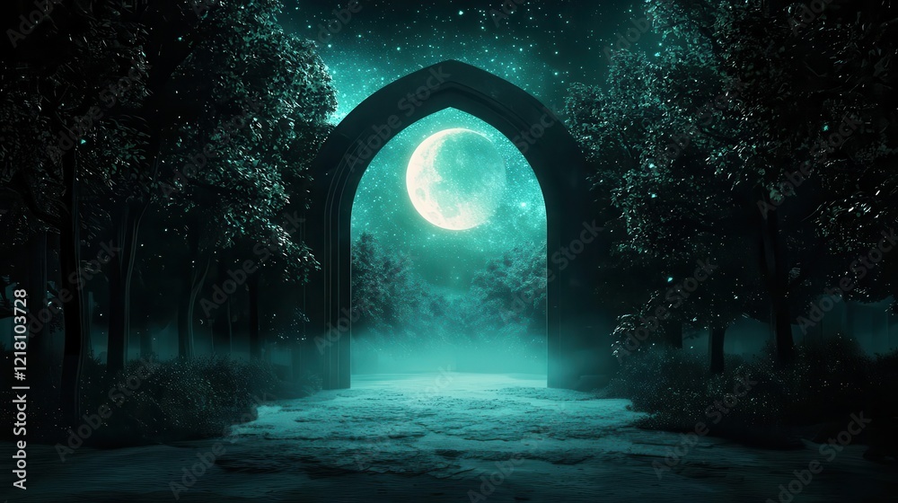 Fototapeta premium Shahada glowing softly above a sacred grove, symbol of spiritual guidance, 3D illustration